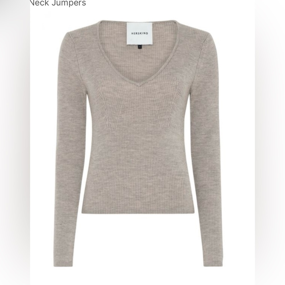 Brand new Herskind v-neck sweater in sand colour, size small, still has tags.